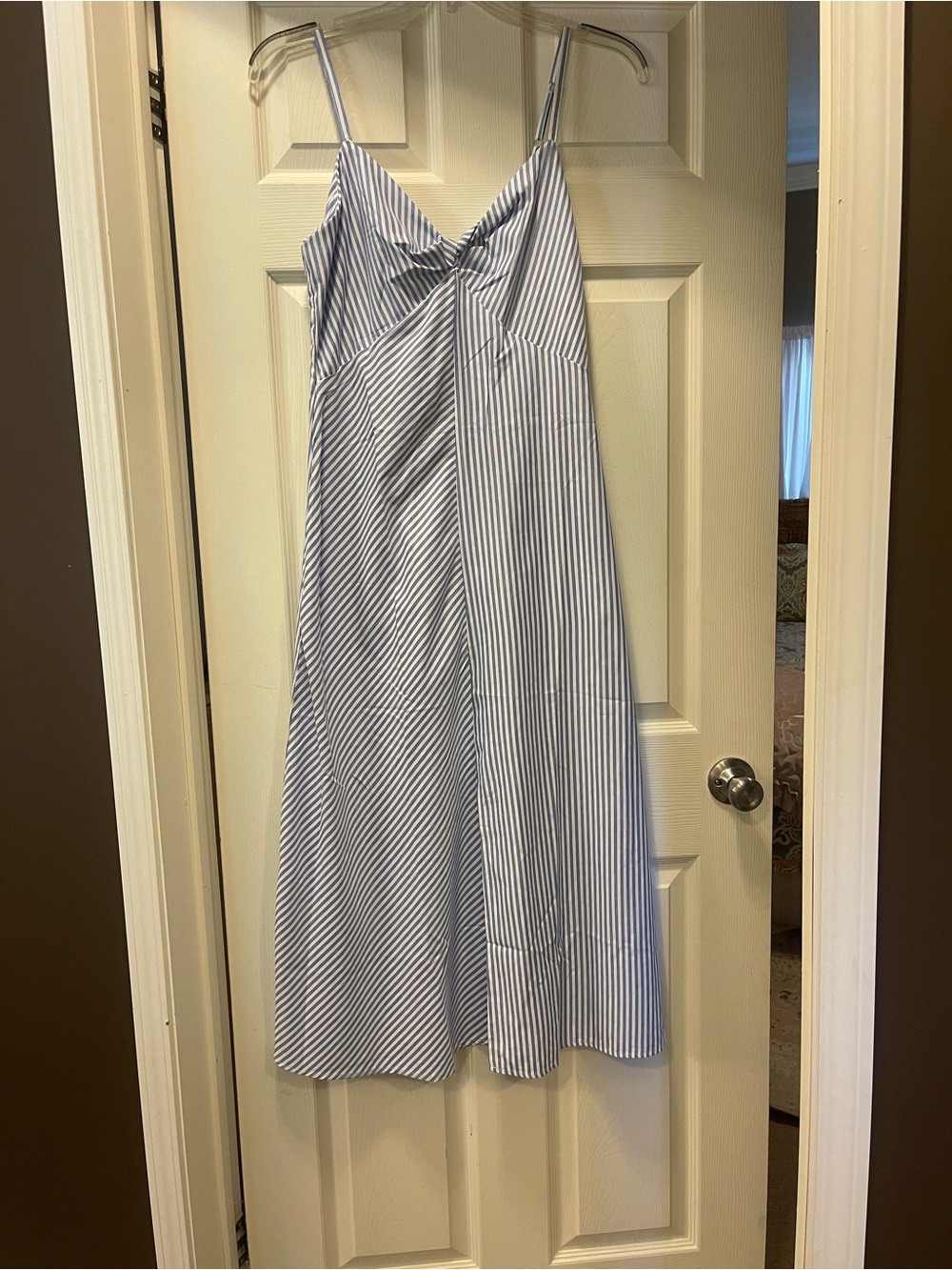 Blue and White Striped Spaghetti Strap Midi Dress